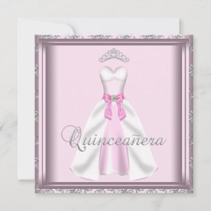 Invitación Vestido Fiesta rosa y gris Quinceanera