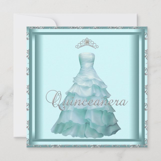 Invitación Vestido fiesta Tiara Damask Verde azulado Quincean (Anverso)