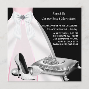 Invitación Vestido fiesta Tiara Negro Rosa Quinceanera