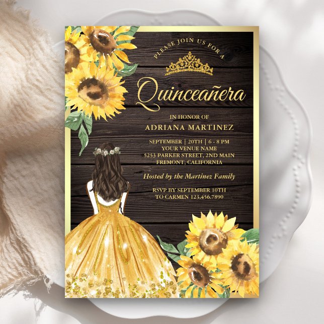 Invitación Vestido floral amarillo girasol Madera Quinceanera (Subido por el creador)