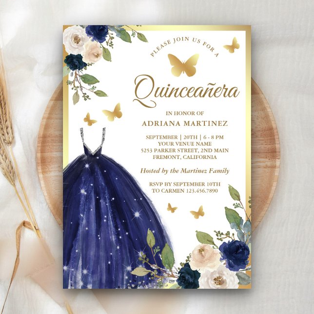 Invitación Vestido floral azul de la marina mariposa de oro Q (Subido por el creador)
