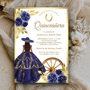 Invitación Vestido Floral Azul Marino Charro Dorado Quinceañe