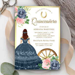 Invitación Vestido Floral Azul Marino Charro Dorado Quinceañe