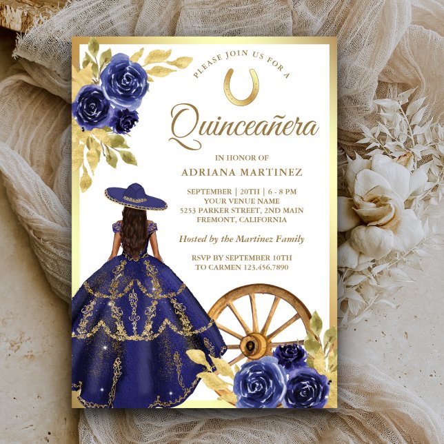 Invitación Vestido floral azul marino Charro Gold Quinceanera (Subido por el creador)