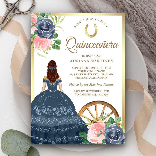 Invitación Vestido floral azul marino Charro Gold Quinceanera (Subido por el creador)