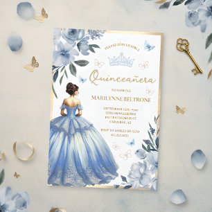Invitación Vestido Floral Azul Mariposa Quinceañera 