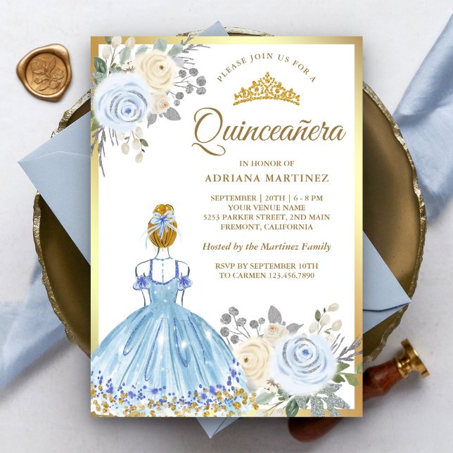 Invitación Vestido floral azul Pastel Princess Gold Quinceane (Subido por el creador)