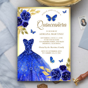 Invitación Vestido floral azul real mariposa dorado Quinceane