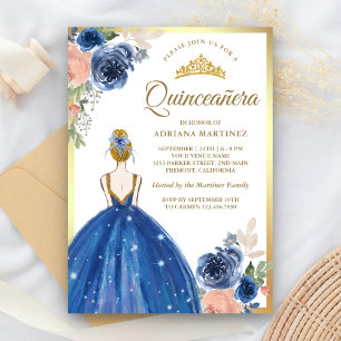 Invitación Vestido Floral Azul Real Princesa Quinceañera Dora
