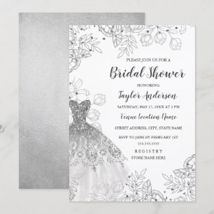 Invitación Vestido floral blanco de color plateado ducha de n