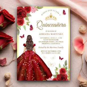 Invitación Vestido Floral Borgoña Mariposa Quinceañera