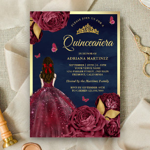Invitación Vestido Floral Burgundy Navy Quinceañera Mariposa