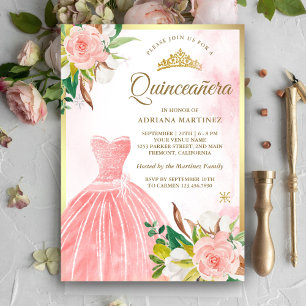 Invitación Vestido floral de acuarela rosa rubor Quinceañera
