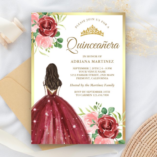 Invitación Vestido floral de Borgoña Princesa Oro Quinceanera (Subido por el creador)