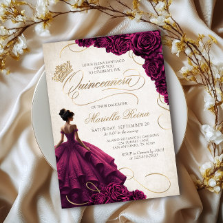 Invitación Vestido floral de Borgoña Quinceañera