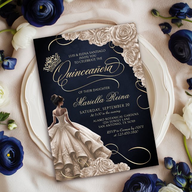 Invitación Vestido floral de champán Quinceañera (Subido por el creador)
