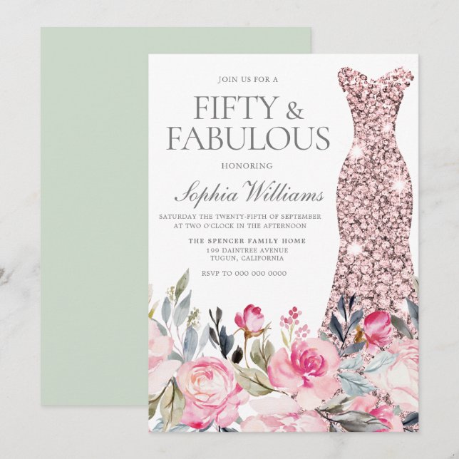 Invitación Vestido floral de Rubor Cincuenta y fabuloso cumpl (Anverso / Reverso)