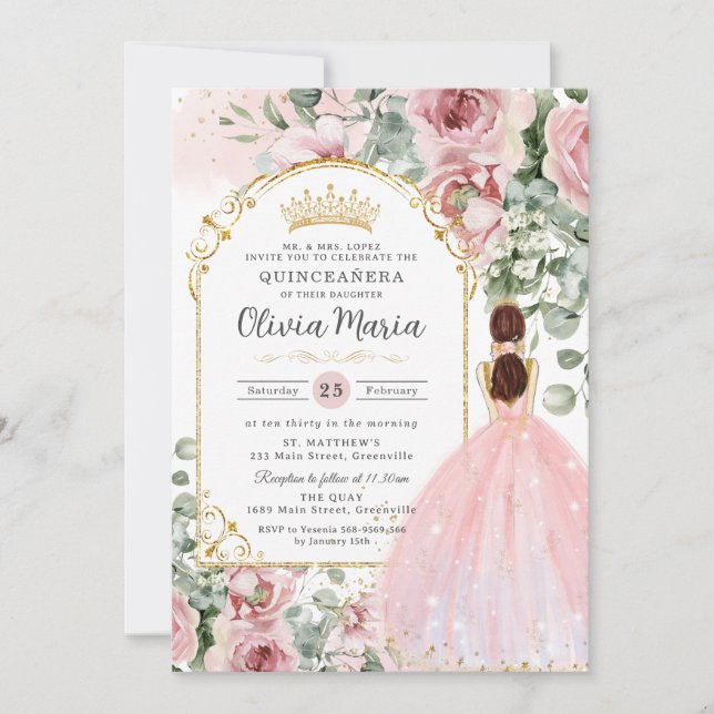Invitación Vestido floral de Rubor rosa Quinceañera dulce 16 (Anverso)
