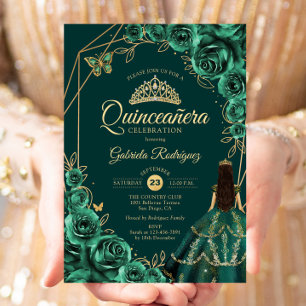 Invitación Vestido Floral Esmeralda Dorado Quinceañera