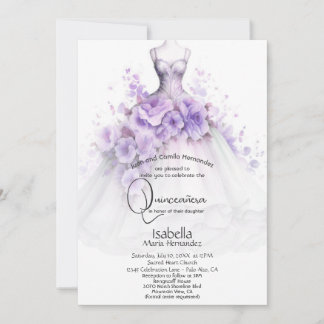 Invitación Vestido floral lila de Quinceañera