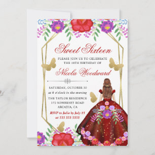 Invitación Vestido floral mexicano de acuarela rojo cabeza Du