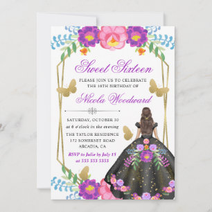 Invitación Vestido Floral Mexicano Morena Acuarela Dulce 16