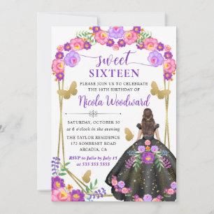 Invitación Vestido Floral Mexicano Morena Acuarela Dulce 16