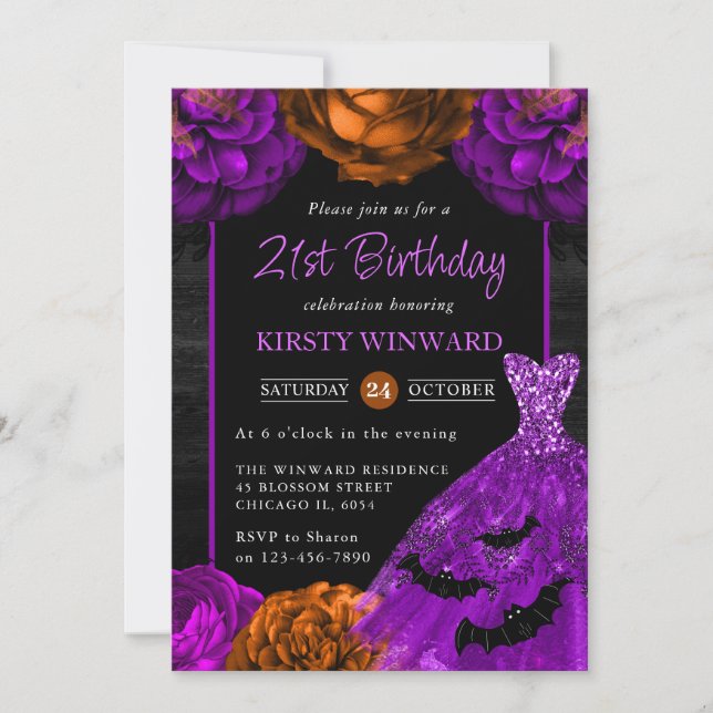 Invitación Vestido floral naranja y púrpura Cumpleaños de Hal (Anverso)