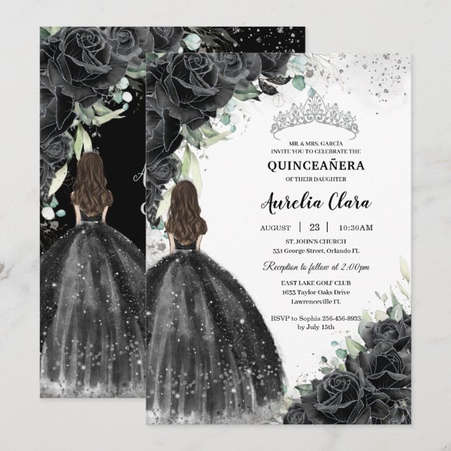 Invitación Vestido floral negro plata Quinceañera dulce 16 XV (Anverso / Reverso)