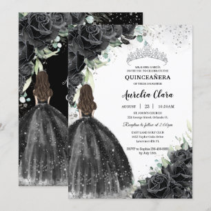 Invitación Vestido floral negro plata Quinceañera dulce 16 XV