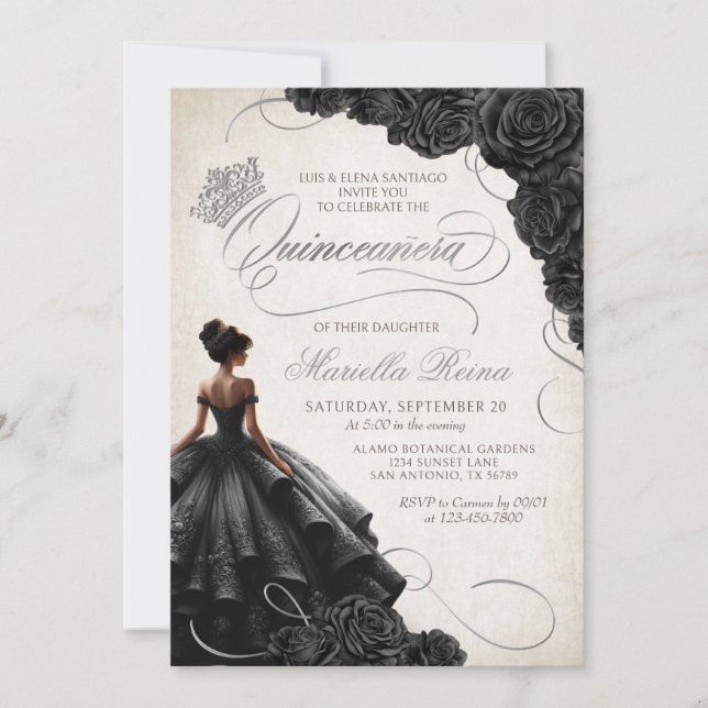 Invitación Vestido floral negro Quinceañera (Anverso)