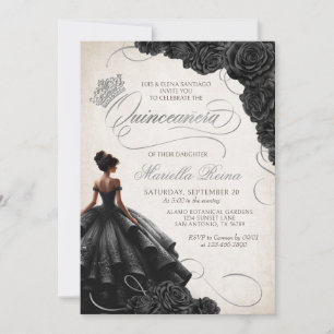Invitación Vestido floral negro Quinceañera