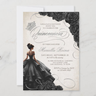 Invitación Vestido floral negro Quinceañera
