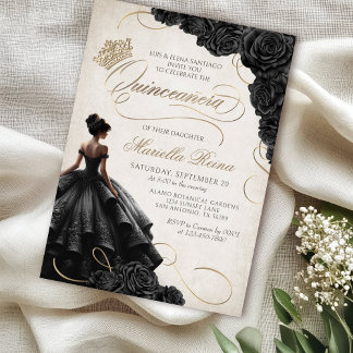 Invitación Vestido floral negro Quinceañera