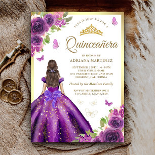 Invitación Vestido Floral Púrpura Mariposa Quinceañera Dorada