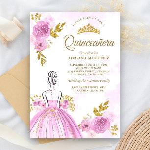 Invitación Vestido Floral Púrpura Princesa Quinceañera Dorada
