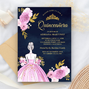 Invitación Vestido Floral Púrpura Quinceañera Azul Marino Dor