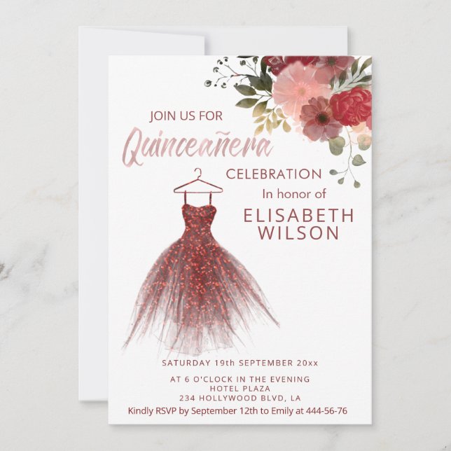 Invitación Vestido floral purpurinoso burgundy Quinceañera (Anverso)