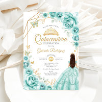 Vestido Floral Quinceañera Turquesa Dorado
