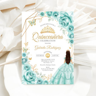 Invitación Vestido Floral Quinceañera Turquesa Dorado