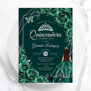 Invitación Vestido Floral Quinceañera Verde Esmeralda Platead