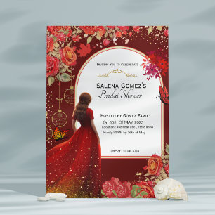 Invitación Vestido floral rojo mariposa ducha de novia