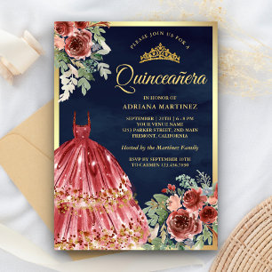 Invitación Vestido Floral Rojo Marsala Azul Marino Dorado Qui