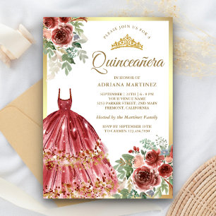 Invitación Vestido Floral Rojo Marsala Quinceañera Dorada
