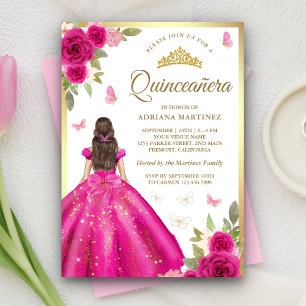 Invitación Vestido Floral Rosa Brillante Mariposa Oro Quincea