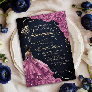 Invitación Vestido floral rosa caliente Quinceañera