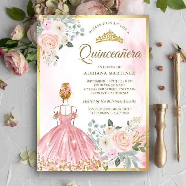 Invitación Vestido floral rosa de Rubor Princess Gold Quincea (Subido por el creador)