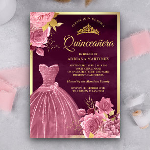 Invitación Vestido Floral Rosa Polvo Ciruela Dorado Quinceañe