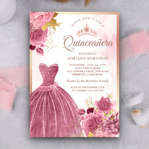 Invitación Vestido Floral Rosa Polvo Dorado Rosa Quinceañera