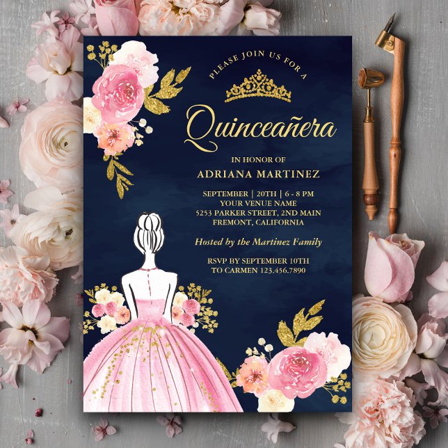 Invitación Vestido floral rosa Princesa Marina Azul Quinceane (Subido por el creador)